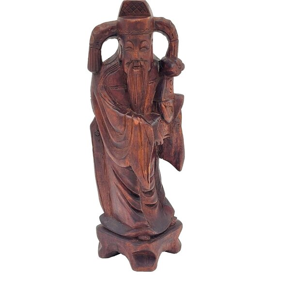 Vintage Chinese Hand Carved Wooden Asian Man Confusious Good Fortune 10" - Picture 1 of 9